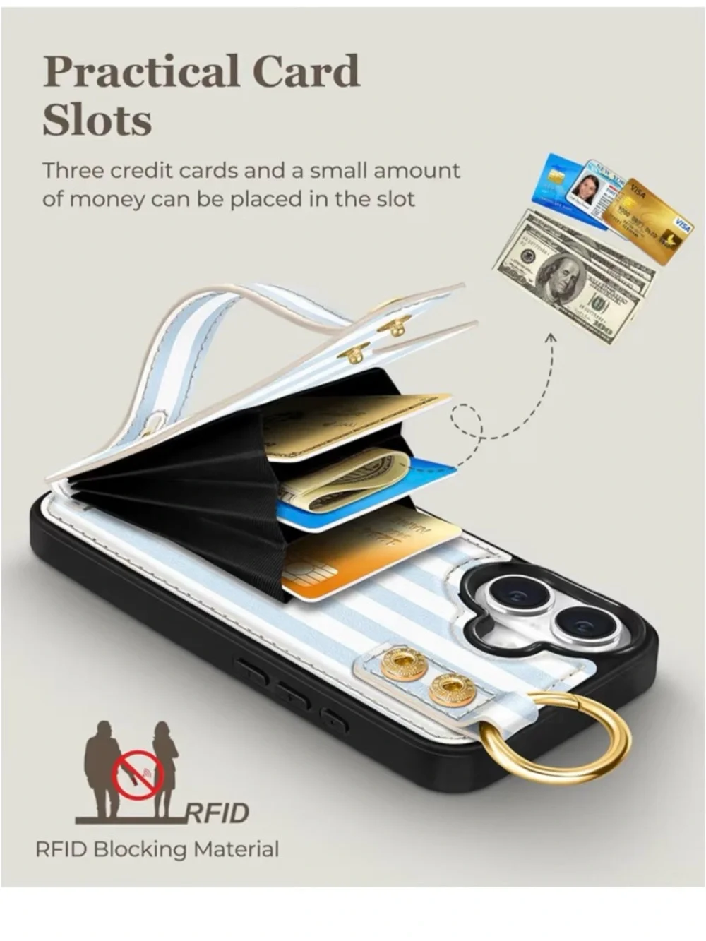 iPhone 16 Plus Striped Blue Wallet Handstrap Phone Case with Card Holder